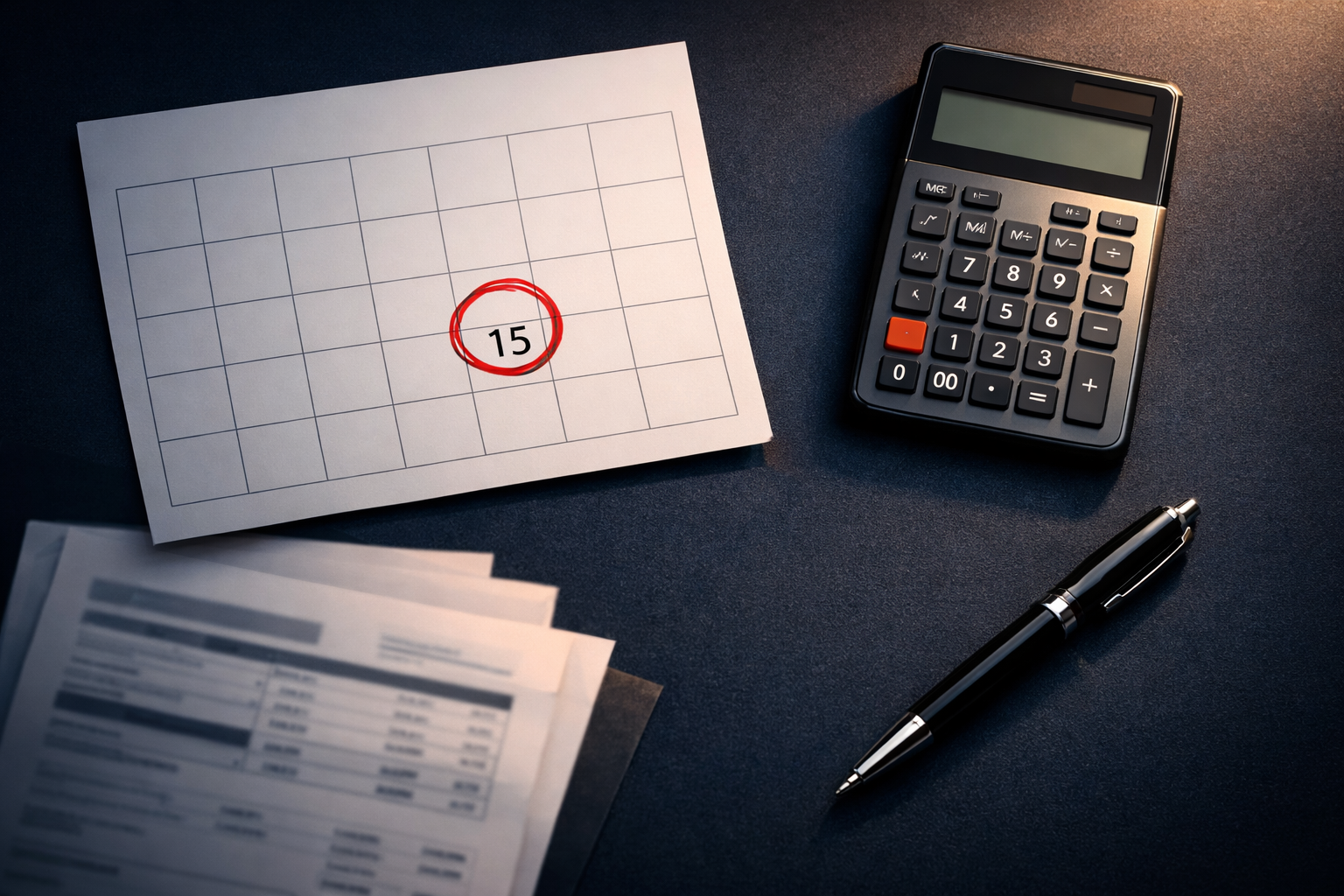 Calendar with tax deadline marked and calculator