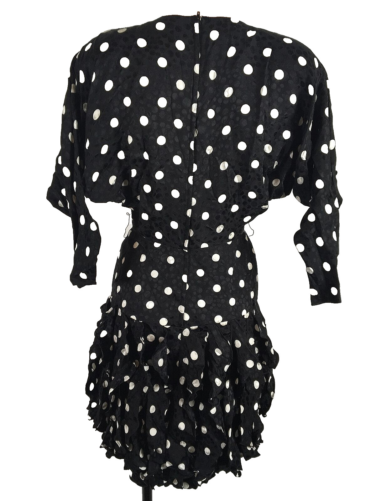 Vtg 80s Gillian Ruffle Blouson Dress Polka Dot Silk Drop Waist Cocktail sz 2