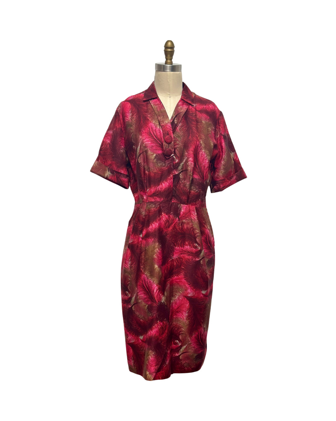 1950s PINK & BURGUNDY FEATHER DRESS | VINTAGE 1950s RED COTTON DAY DRESS
