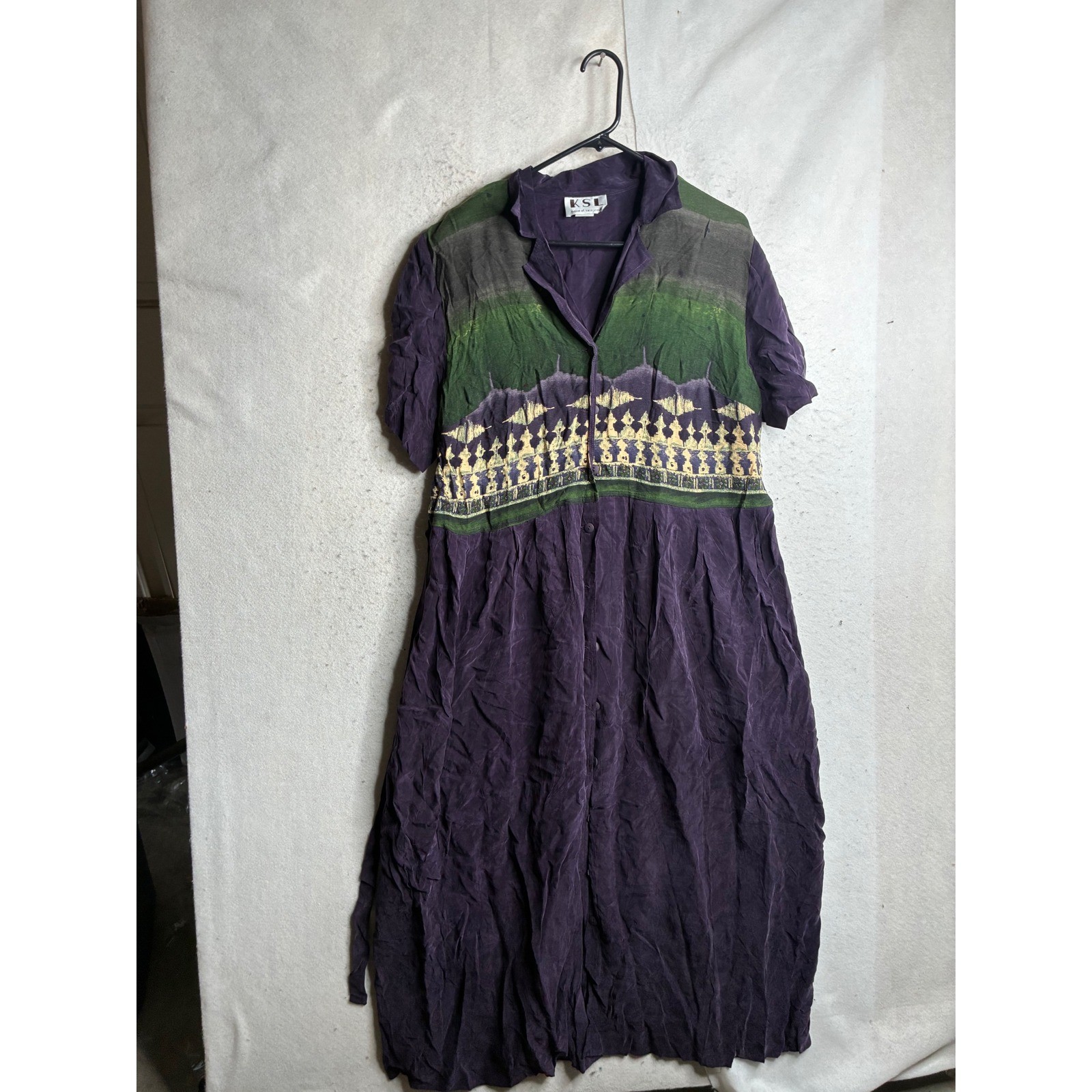 Vintage KSL Karin Stevens Purple Green Rayon Button Front Midi Dress 16W USA
