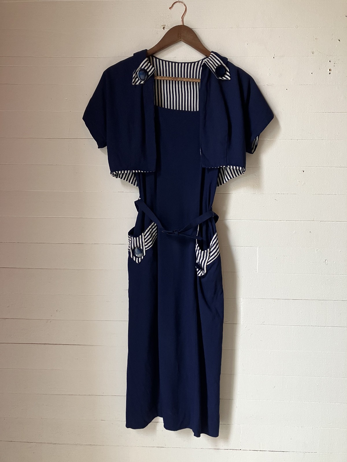 1950s Navy blue stripe dress reversible bolero 32x25x42 AR FL