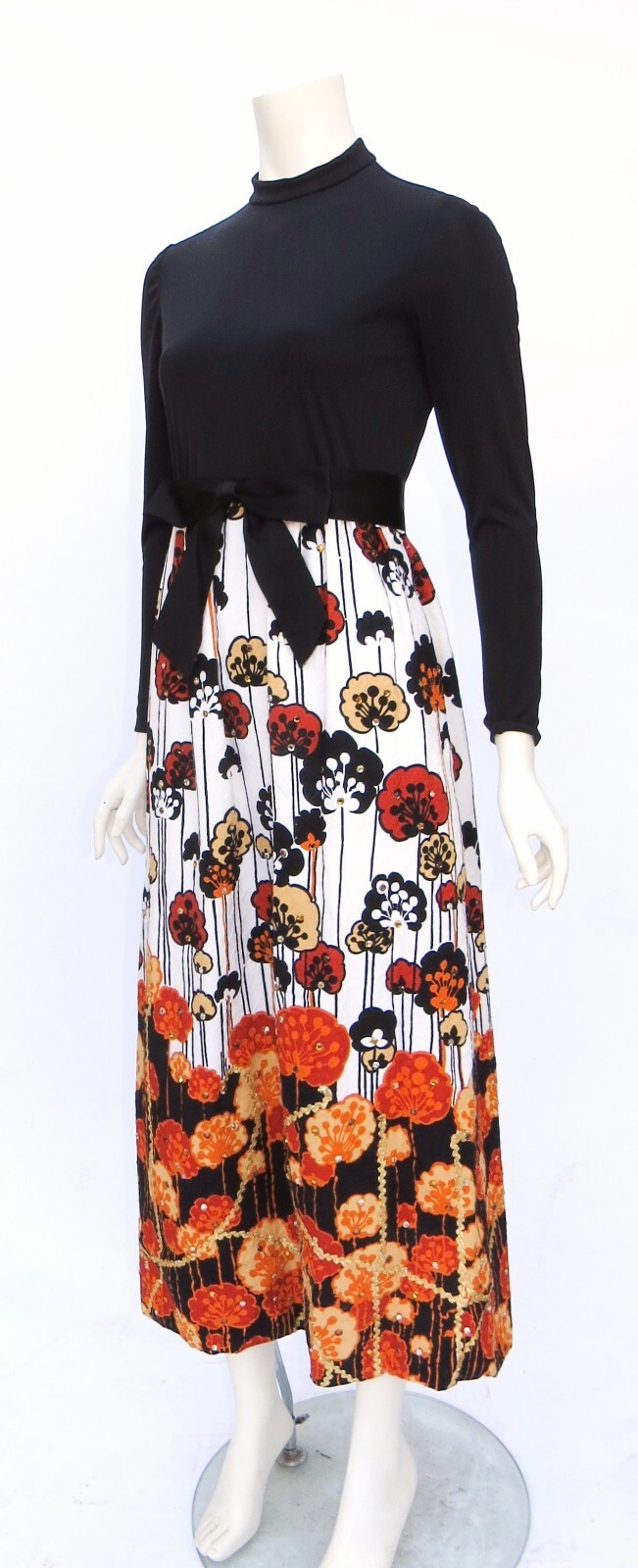 VTG 1960s Elinor Simmons MALCOLM STARR Floral Print ORANGE Rhinestone Dress XS/S