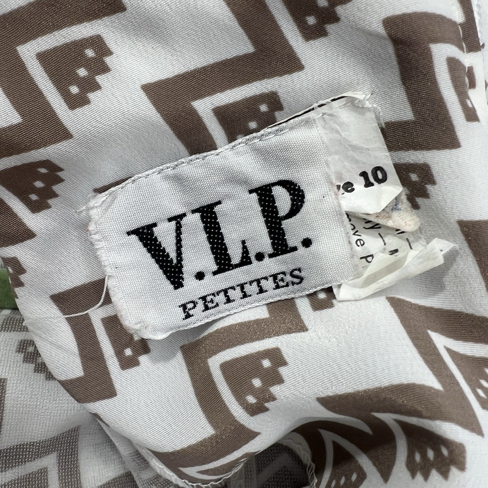 Vintage VLP Dress 80s Geometric Blouson tan white Pleated Skirt Size 10P