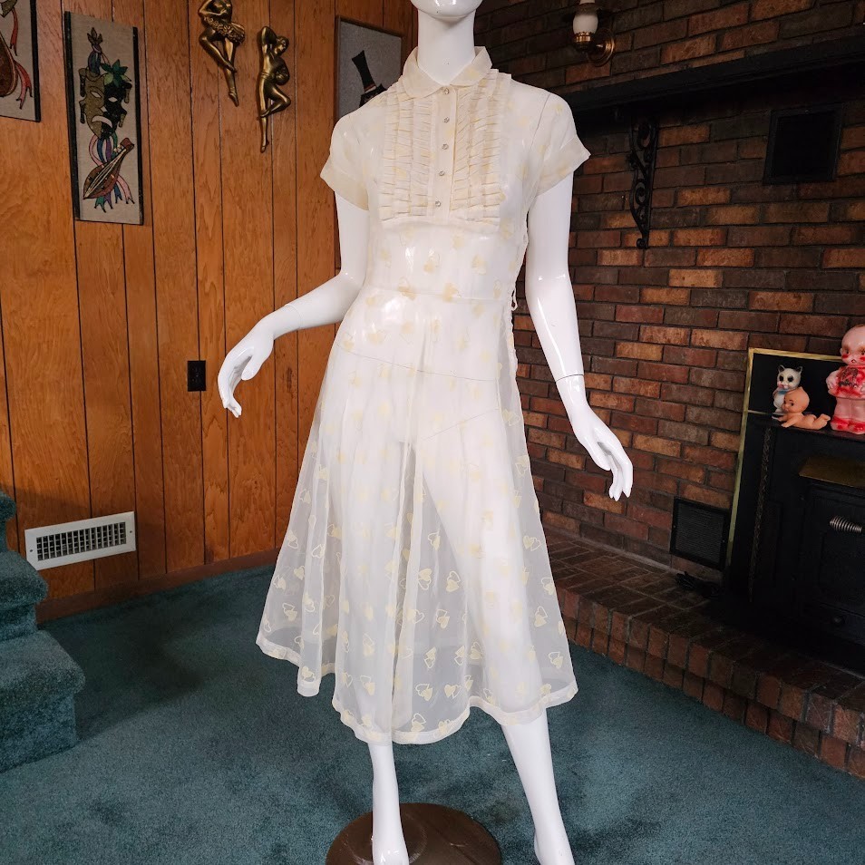 Vtg 40s Tuxedo Ruffle Novelty Hearts Print Sheer Organza Wedding Prom Dress XS/S