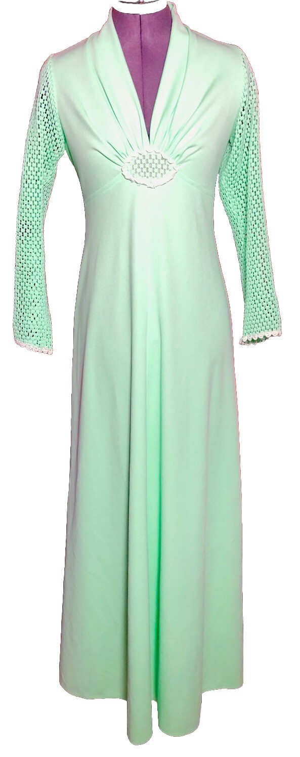 Vtg 70s Maxi Dress Mint Green Empire Waist Mod Gown Small 34-28-44