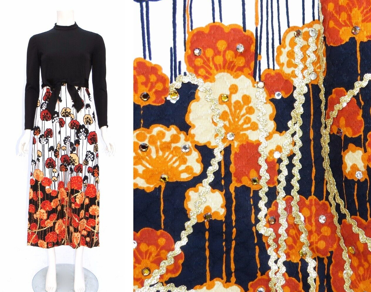 VTG 1960s Elinor Simmons MALCOLM STARR Floral Print ORANGE Rhinestone Dress XS/S