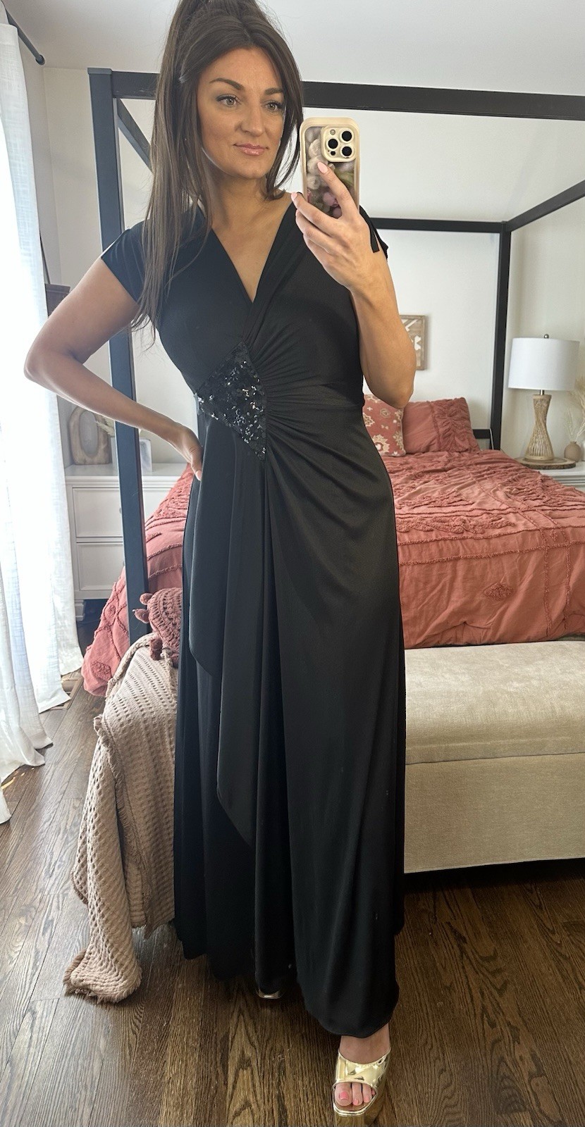 70’s Vintage Size 12 Rona New York Black Sequin Maxi Wrap Dress