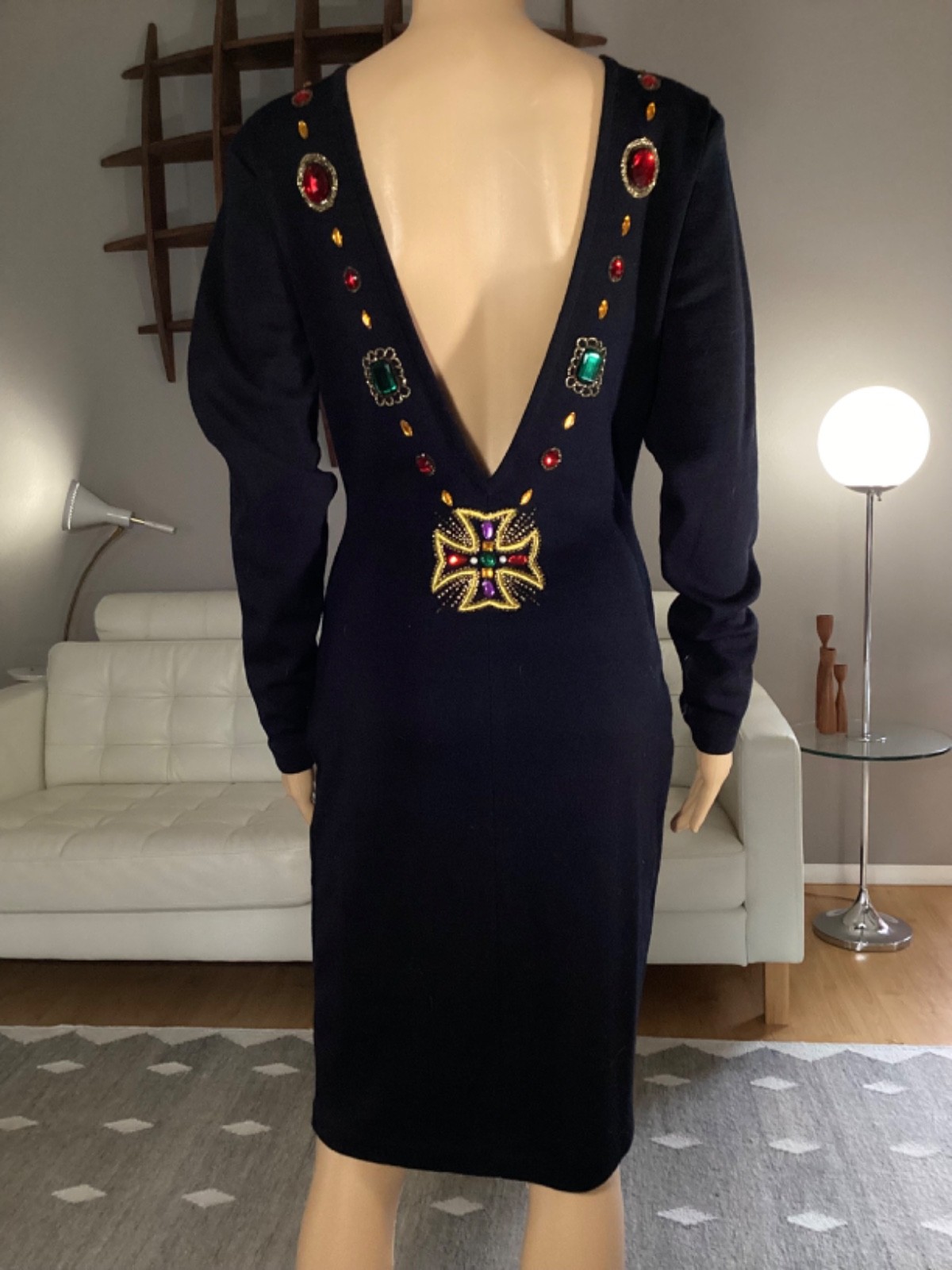 Vintage 80s Fusion Knit Black Gold Embroidered Beaded Midi Dress Plunging Back
