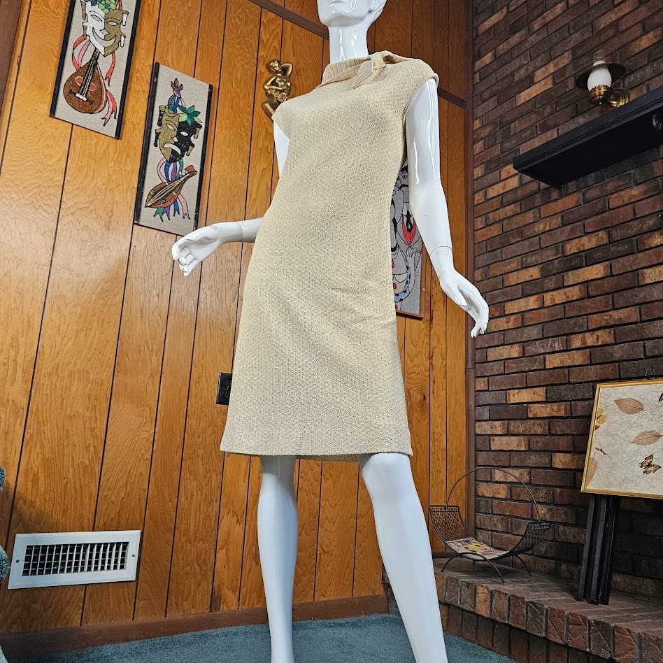Vtg 70s Rontini Chunky Knit Sheath Bow Detail Crew Neck Sweater Wiggle Dress S/M