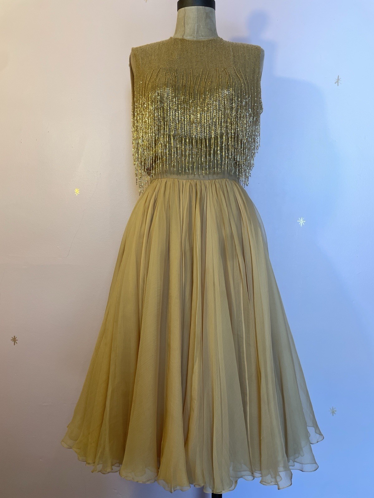 50s Ben Reig New York Gold Beaded Sequin Cocktail Dress