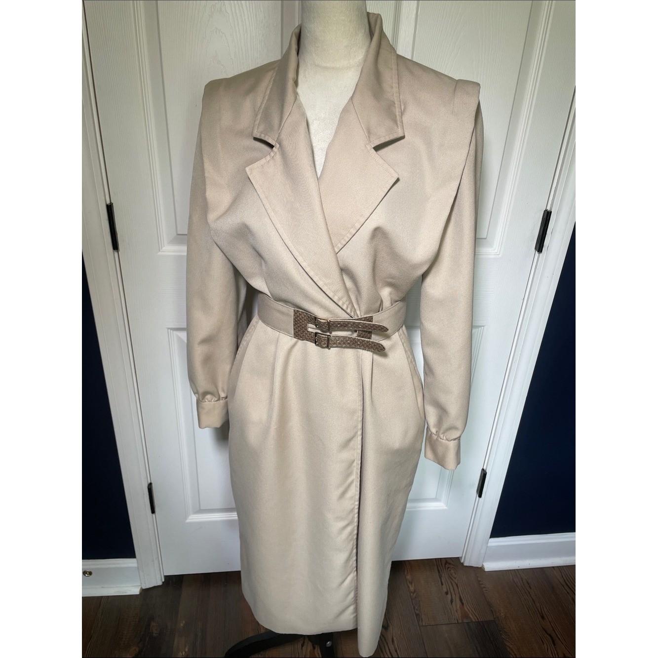 Vtg Pedestal Trench Wrap Dress ✨ Neutral 80s Secretary Office Siren Midi Size 8