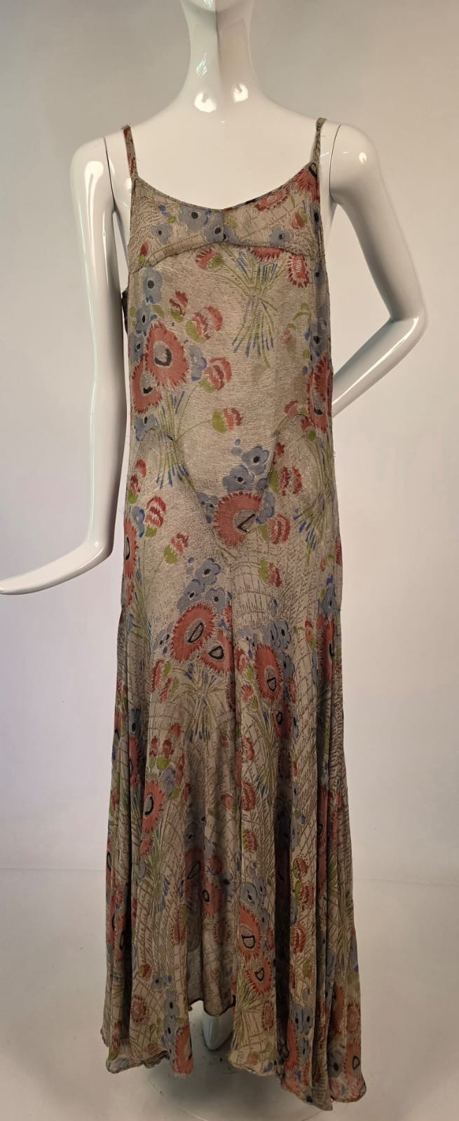 ART DECO SEMI SHEER 1930’S GOLD LAME WOVEN FLORAL SILK CHIFFON LONG DRESS