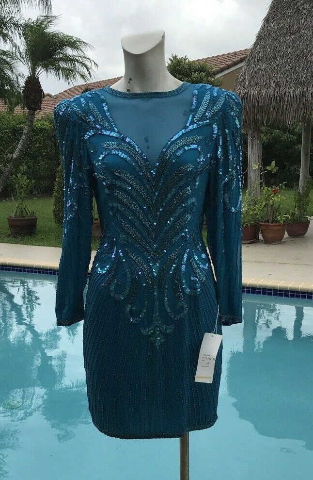 Vintage 90’s A. J. BARI BLUE SEQUINS & BEADED LONG SLEEVE SILK DRESS Sz 10 P