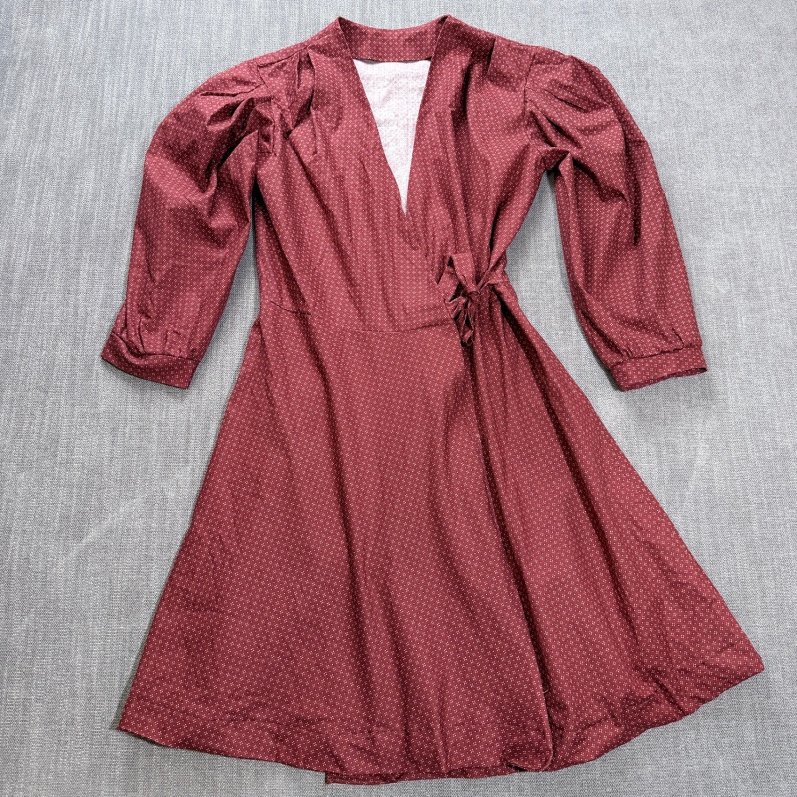 Vintage Burgundy Polka Dot Wrap Dress Long Sleeve Puff Shoulder Fit Flare Small