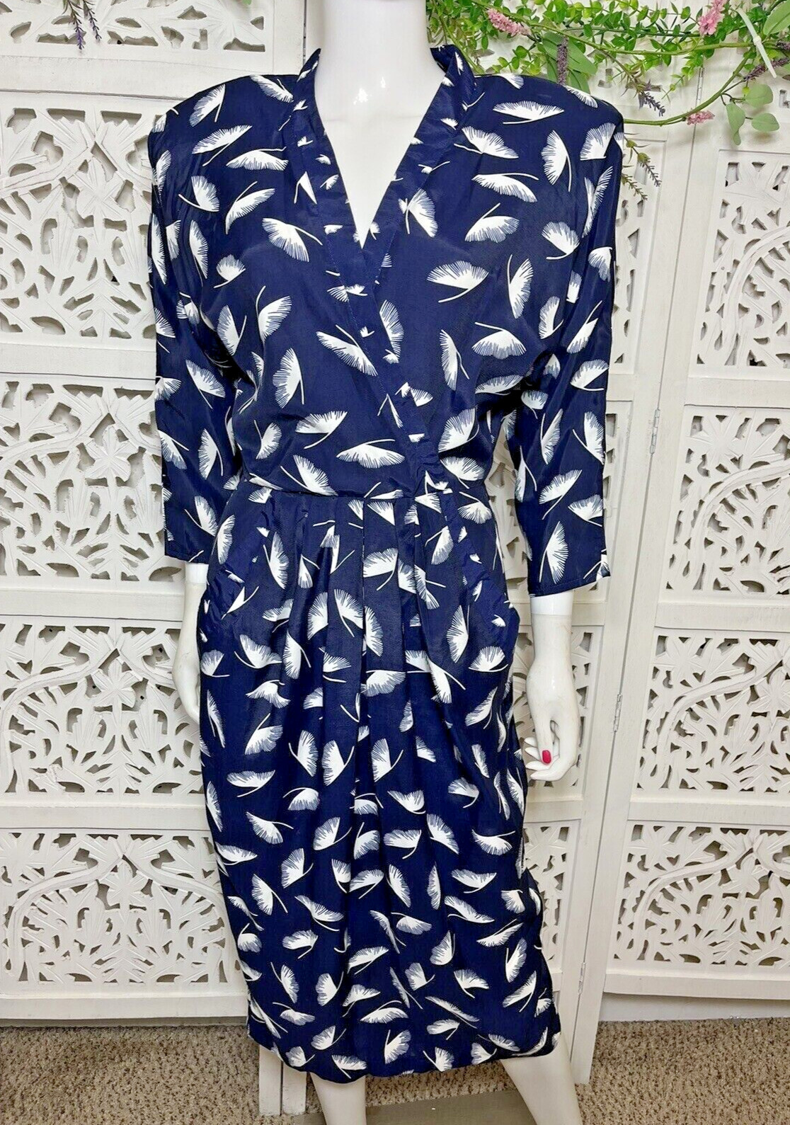 Vintage 80s Hearts Women’s Faux Wrap Feather Secretary Blue White Dress USA