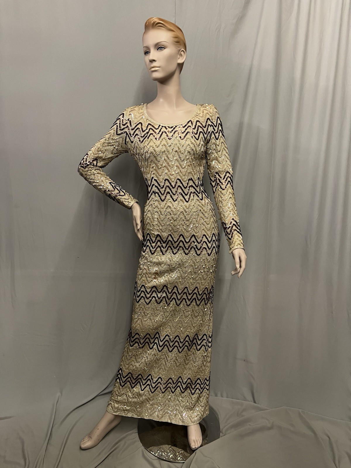 1960’s E Cramer Full Length Sequin Dress In Taupe, Gold & Dark Brown