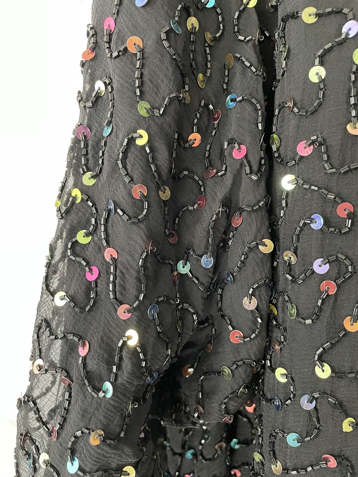 VTG 1980s SAKS FIFTH AVENUE Silk Blouson DRESS SEQUINS Beads Rouched Cuffs