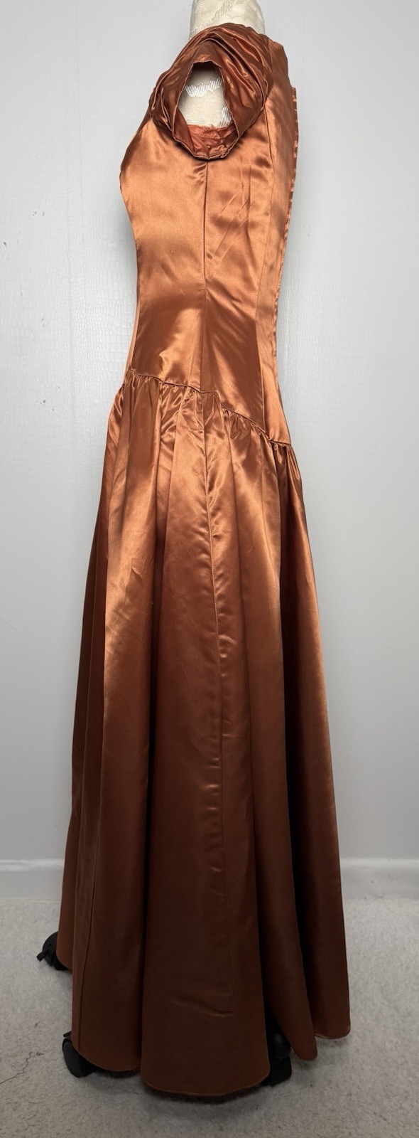 Vtg Copper Liquid Satin Off Shoulder Ball Gown Ruched Sleeve Formal Dress S