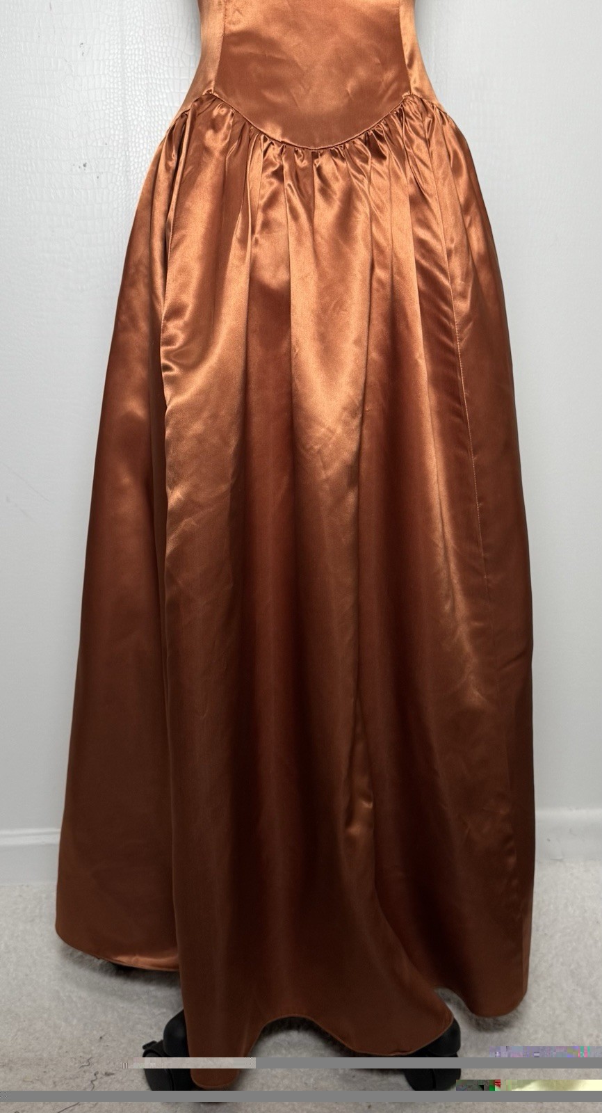 Vtg Copper Liquid Satin Off Shoulder Ball Gown Ruched Sleeve Formal Dress S
