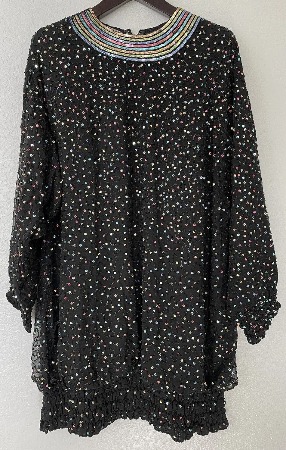 VTG 1980s SAKS FIFTH AVENUE Silk Blouson DRESS SEQUINS Beads Rouched Cuffs