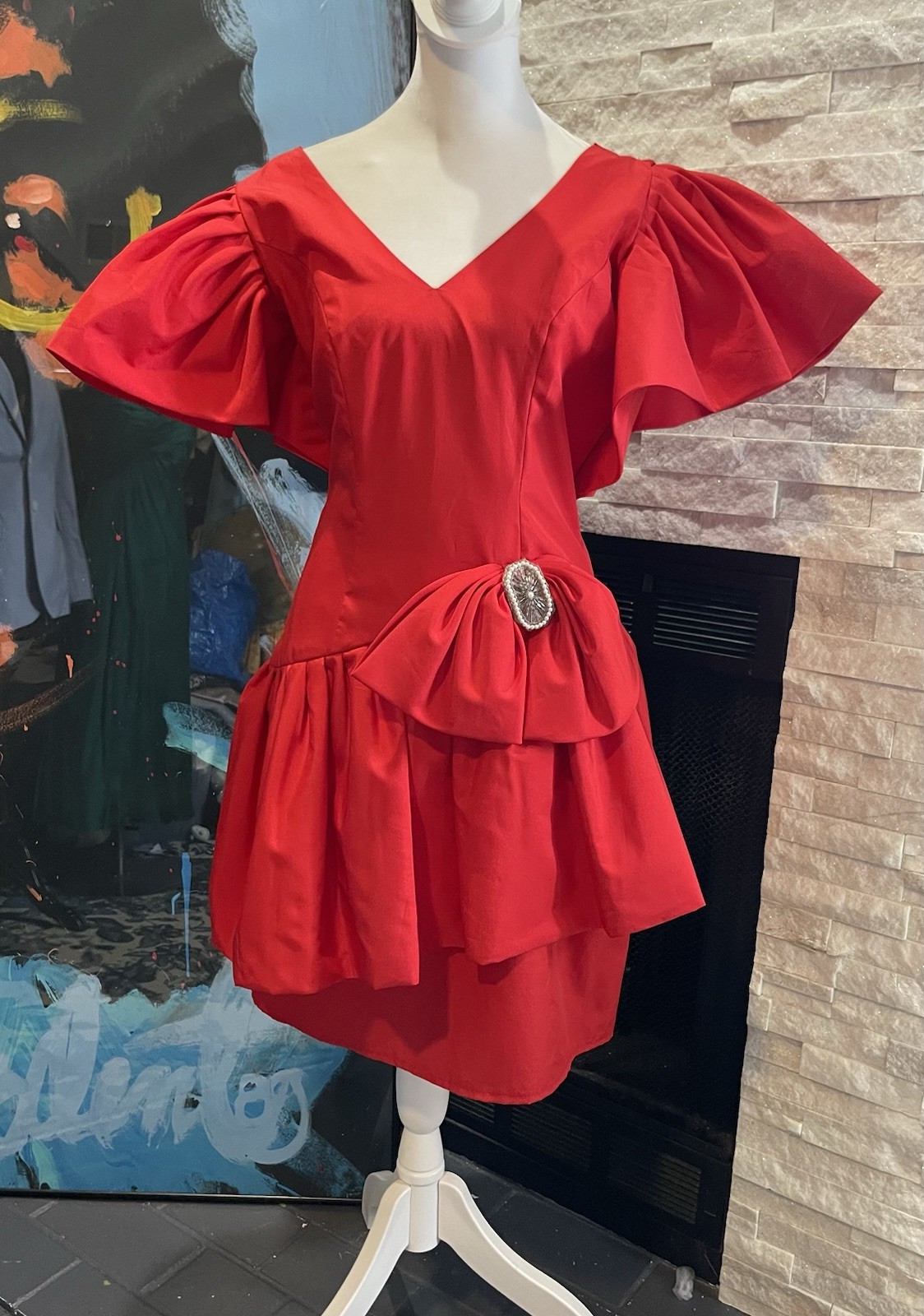 Vintage 80s Red Taffeta Peplum Knee Length Dress Size 7 Party Prom Dress