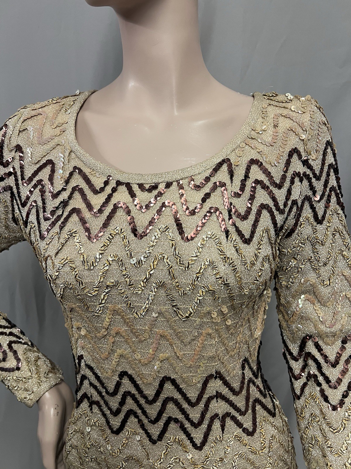1960’s E Cramer Full Length Sequin Dress In Taupe, Gold & Dark Brown