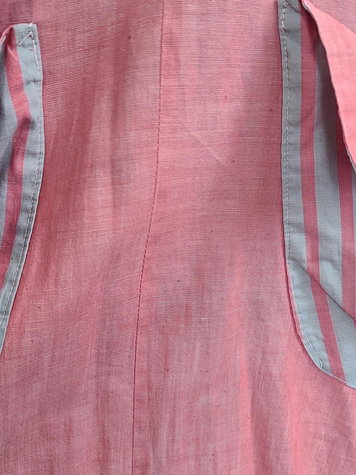 Vintage 1950s Pink Wrap Dress Gray Stripe Trim Jay Ann (B-39″ W-26″-30″ H-38″)