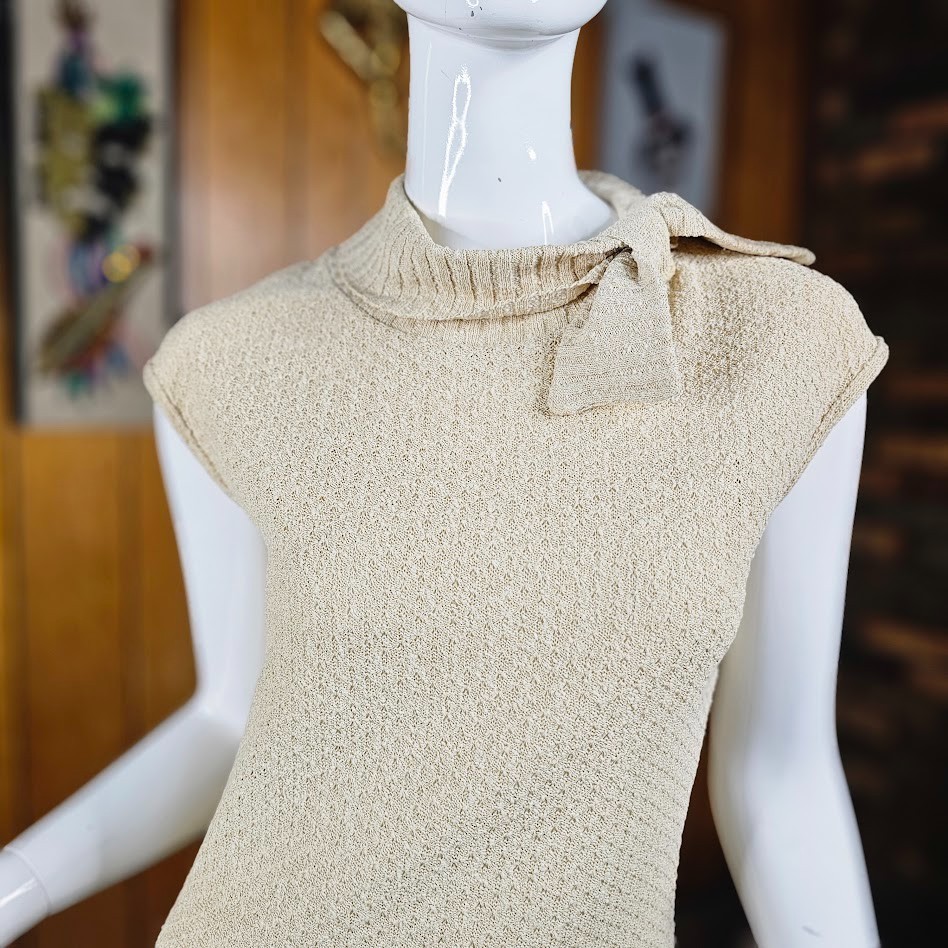 Vtg 70s Rontini Chunky Knit Sheath Bow Detail Crew Neck Sweater Wiggle Dress S/M