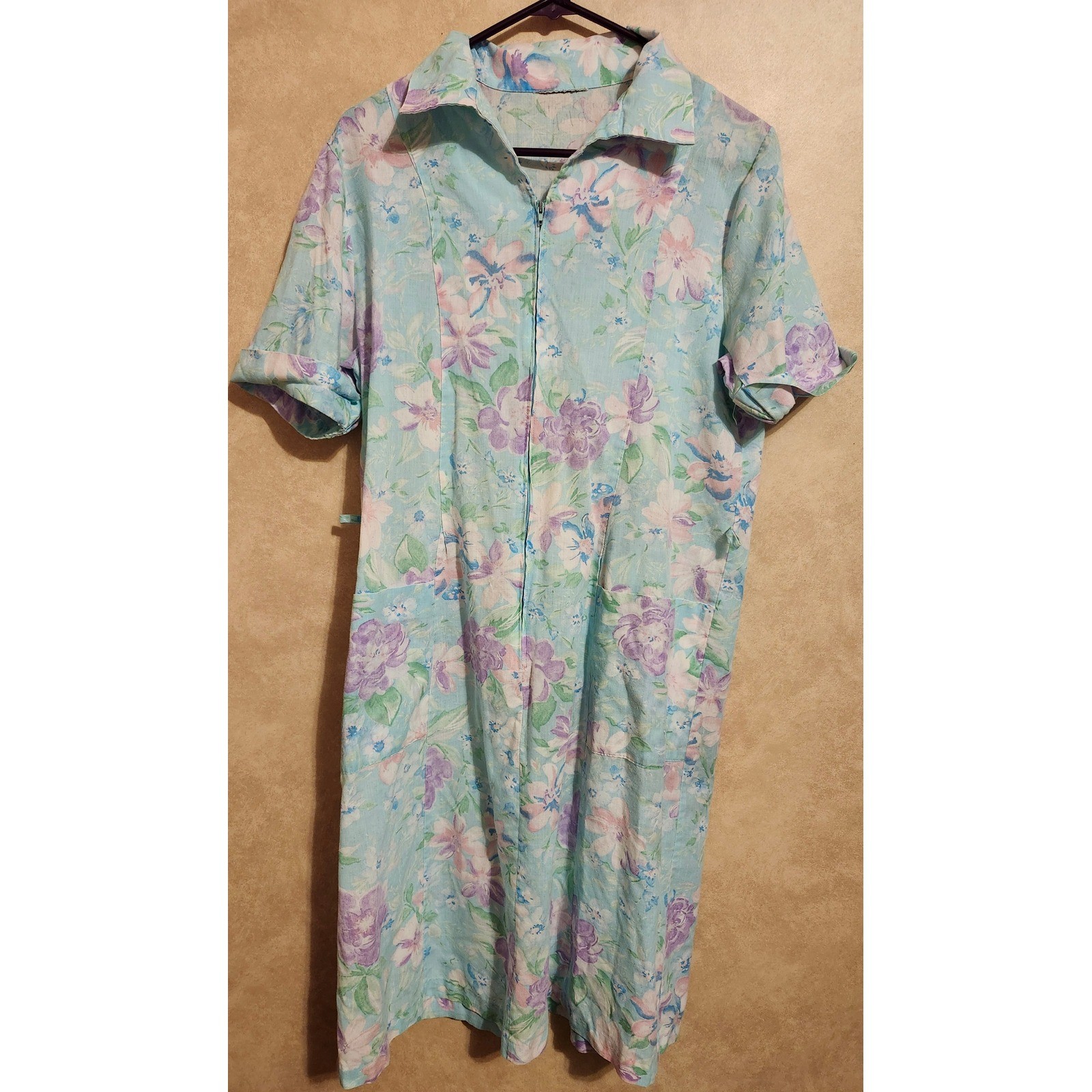 Vintage Pastel Floral Zip Front House Dress Short Sleeve Lounger Blue Purple L