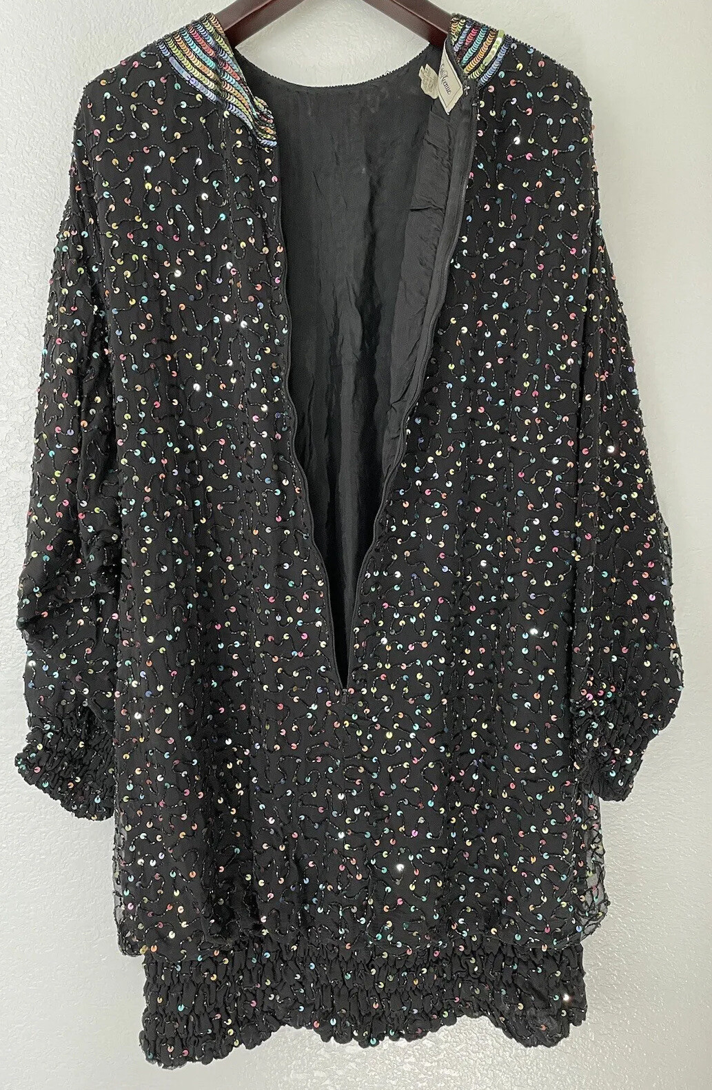 VTG 1980s SAKS FIFTH AVENUE Silk Blouson DRESS SEQUINS Beads Rouched Cuffs
