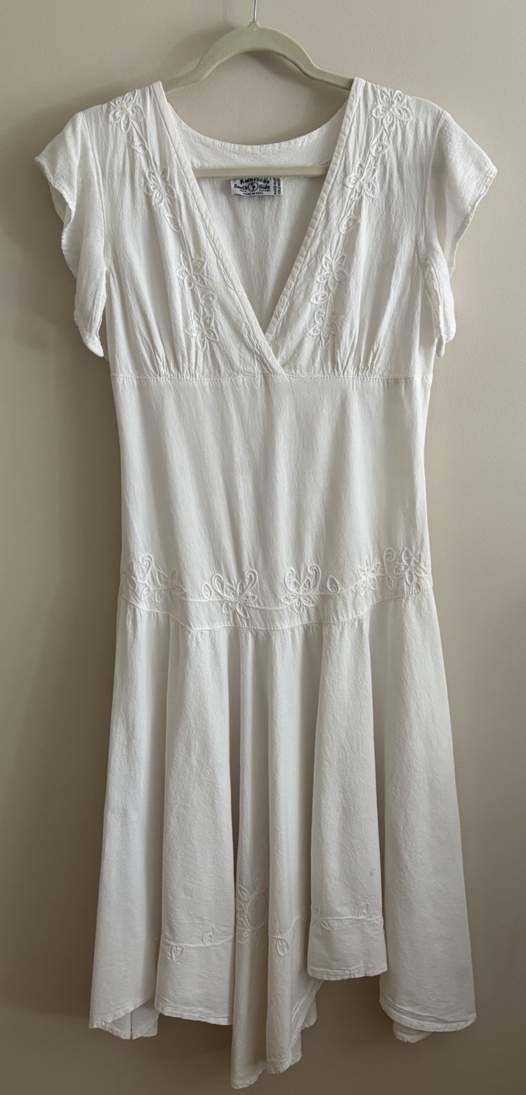 Vintage American Southside Cotton White Dress Embroidery Flutter Sleeves Size 6