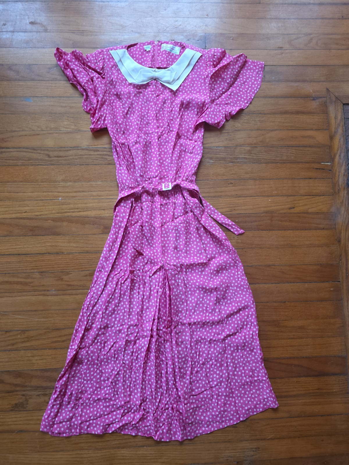 Fane Scha Hhausen Belle France Vintage Long Dress Sz 14 White Bow Pink Polka Dot
