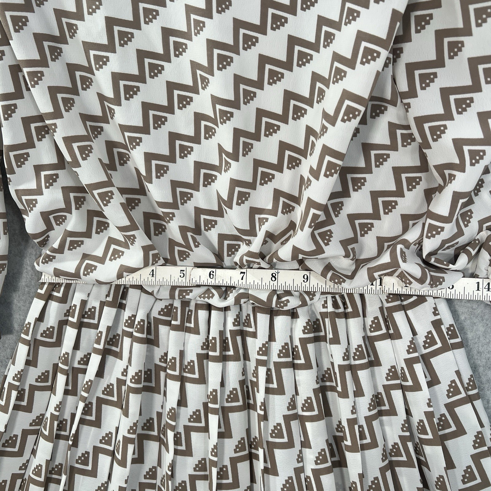Vintage VLP Dress 80s Geometric Blouson tan white Pleated Skirt Size 10P
