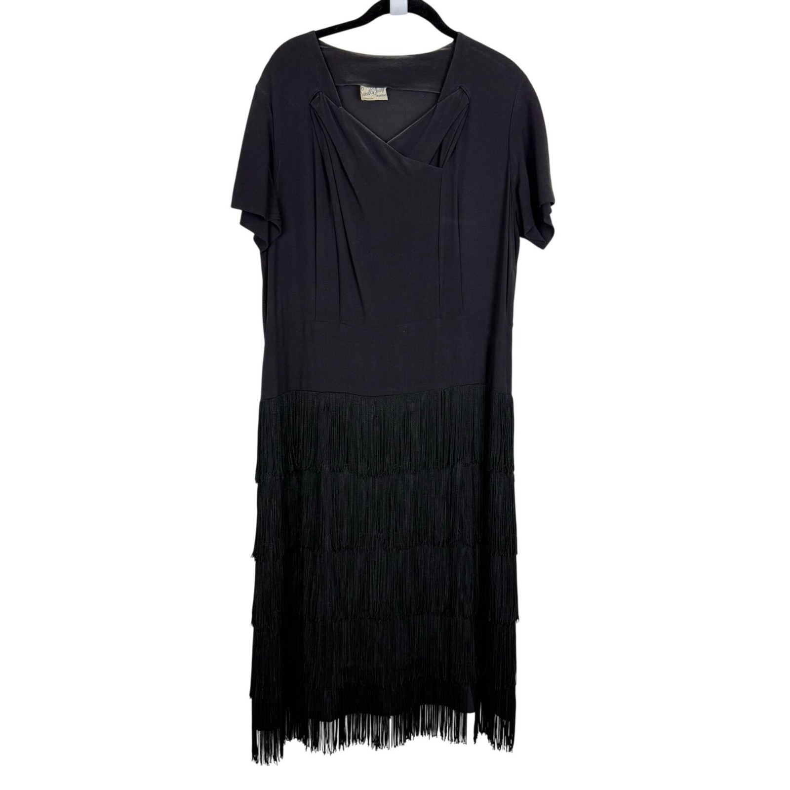 Vtg 40s Sensibly Young Midi Dress L Fringed Bottom Tails Criss Cross Bust Black