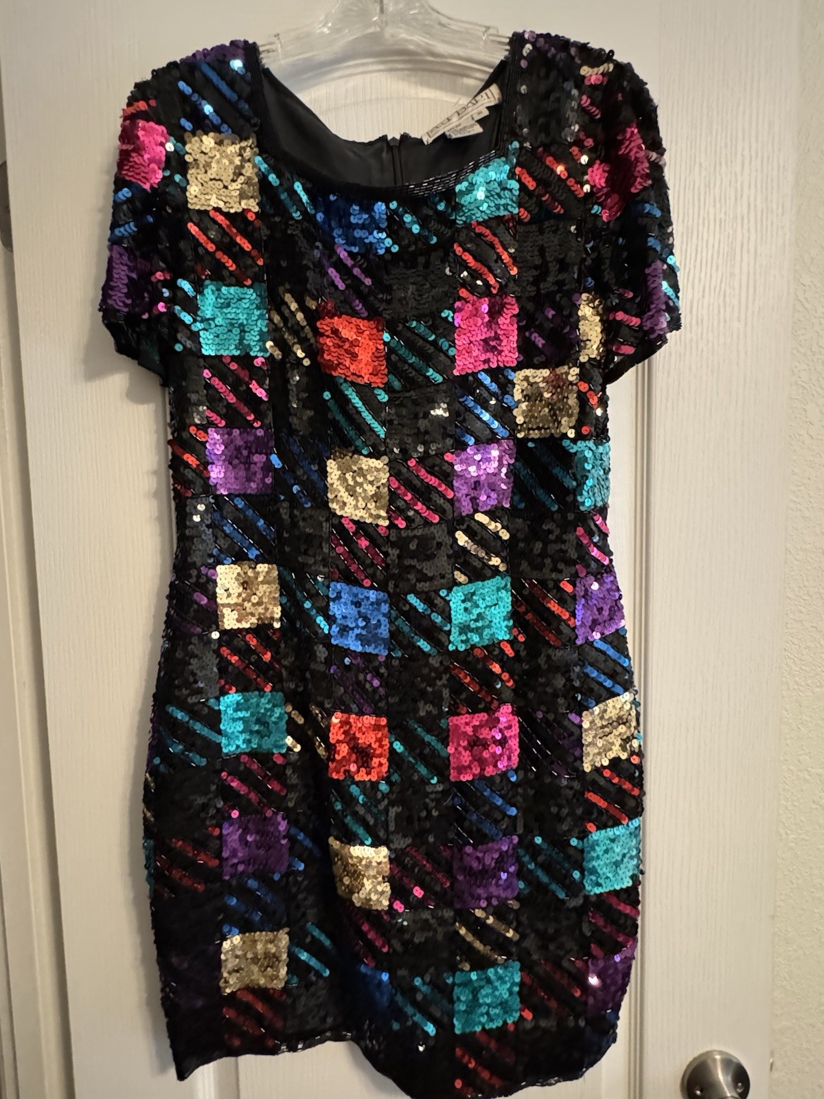 Vintage A.J. Bari Retro Sequined Checkered Embellished 100% Silk Dress – Size 10