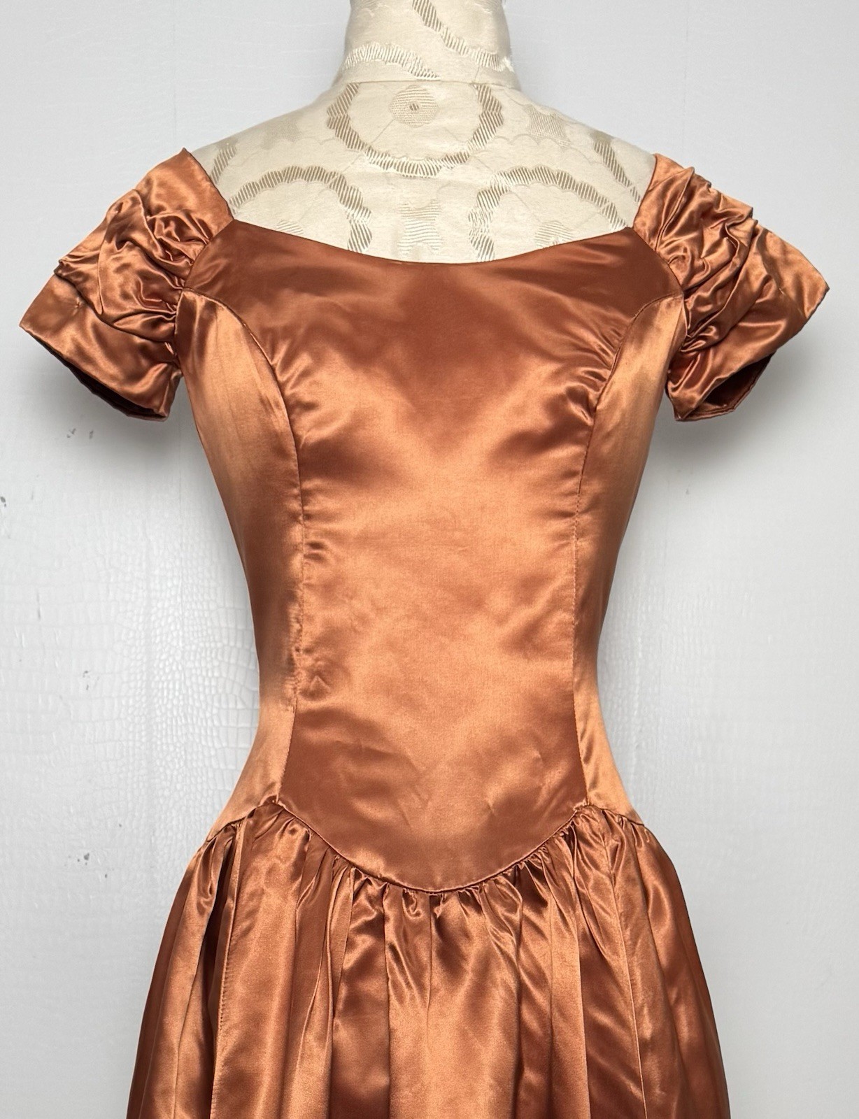 Vtg Copper Liquid Satin Off Shoulder Ball Gown Ruched Sleeve Formal Dress S