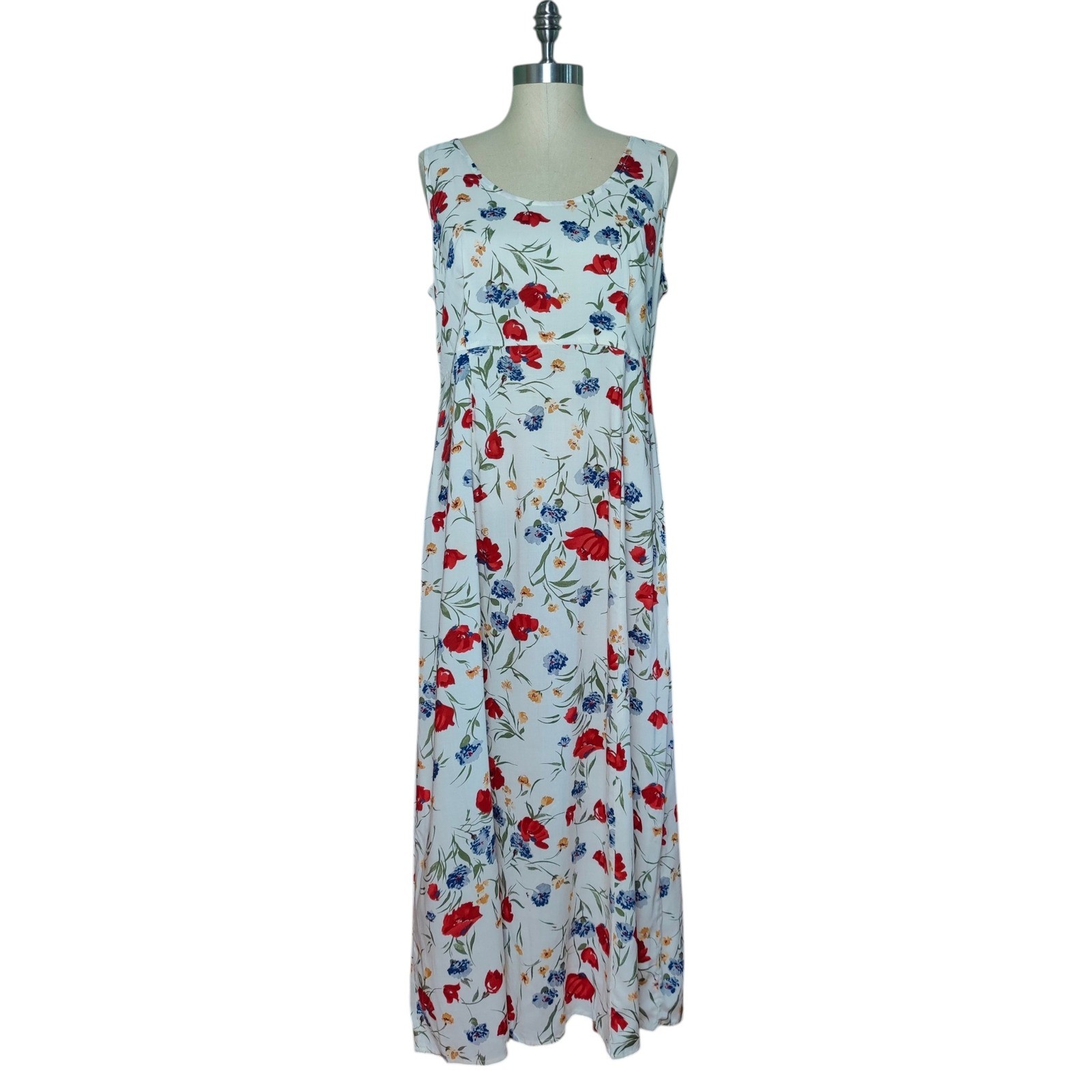 Vintage 90s Floral Rayon Maxi Dress White Red Poppy Cottagecore Romantic Sz 10
