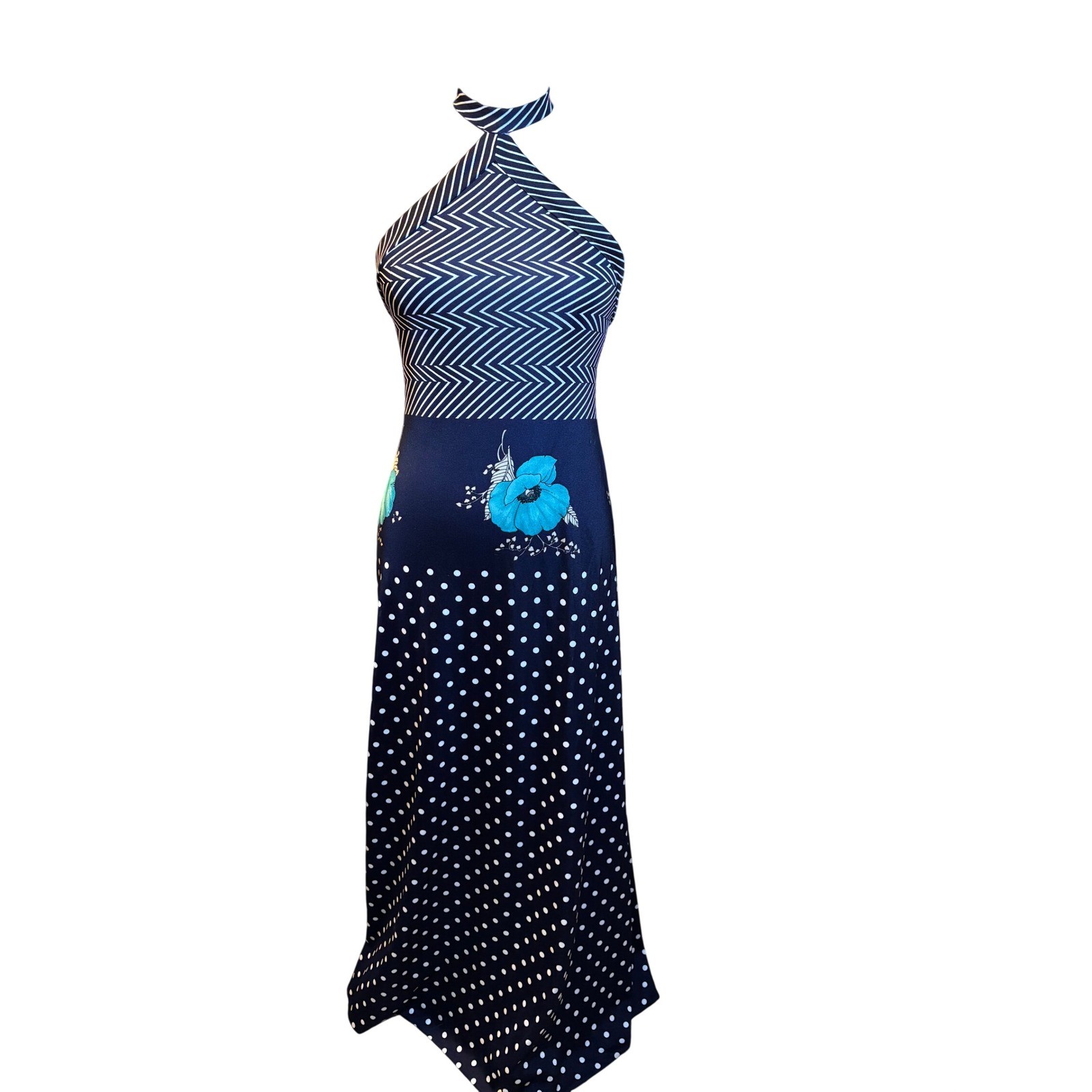 Mixed Print Halter Maxi Dress Floral Polka Dot Size 10 Navy 70s Vintage