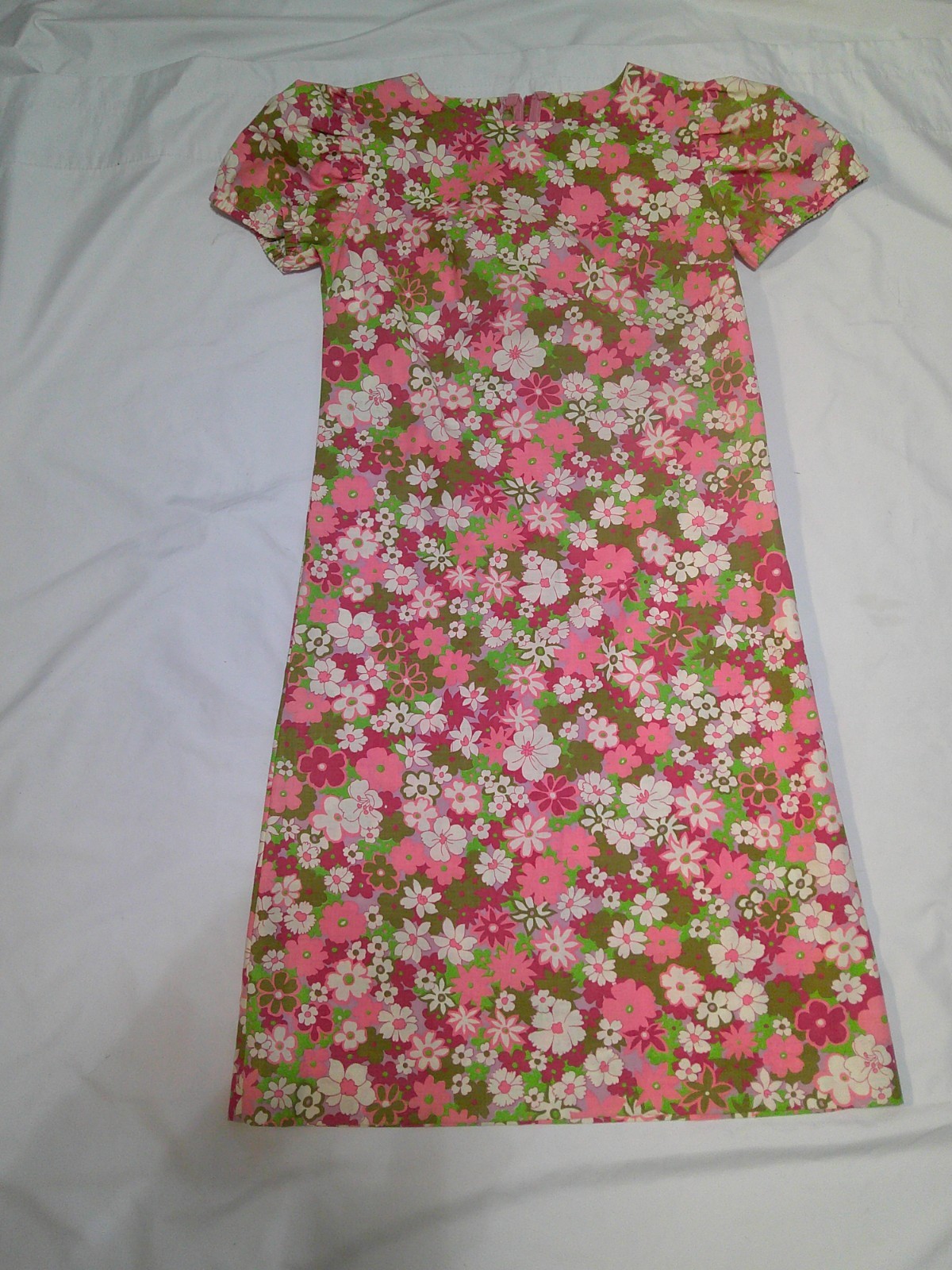 Vtg 60’s MOD GoGo Flower Power Cotton Puff Sleeve Twiggy Style Dress Homemade S