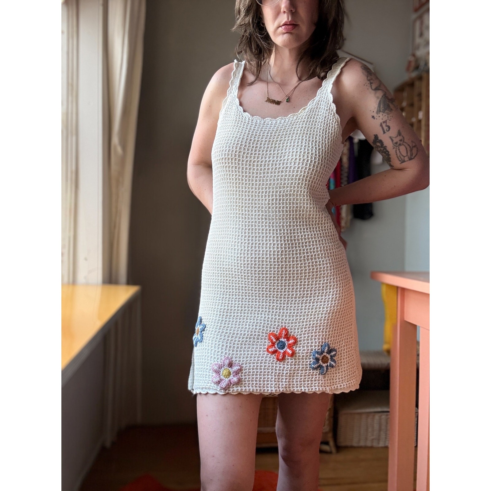 Vintage 90s Crochet Knit Mini Dress | Floral Appliqué | Cottagecore Summer | L