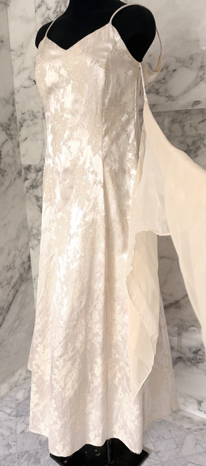 Vintage Dollar Ivory Gold Brocade Formal Dress Shawl Prom Wedding Gown Large USA