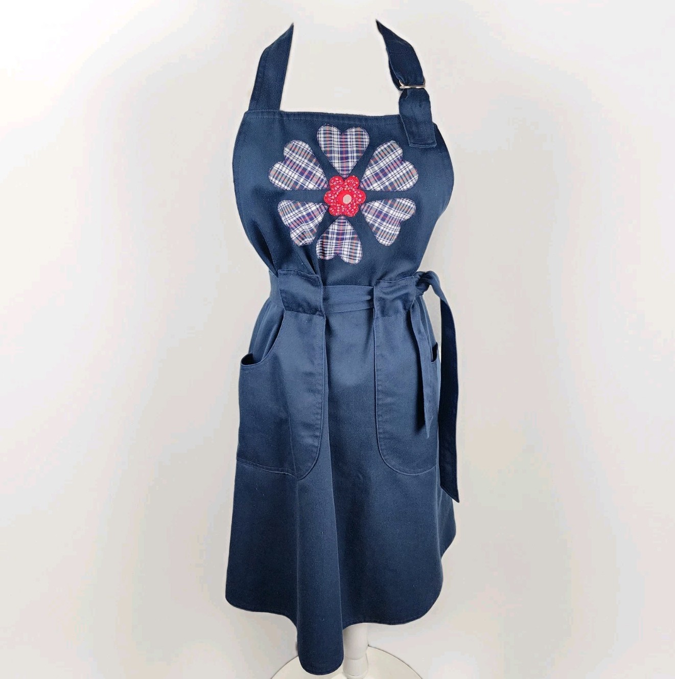 VTG 70s Apron Pinafore Dress Smock Wrap Dress Blue Heart Applique by JO-SY ~S/M