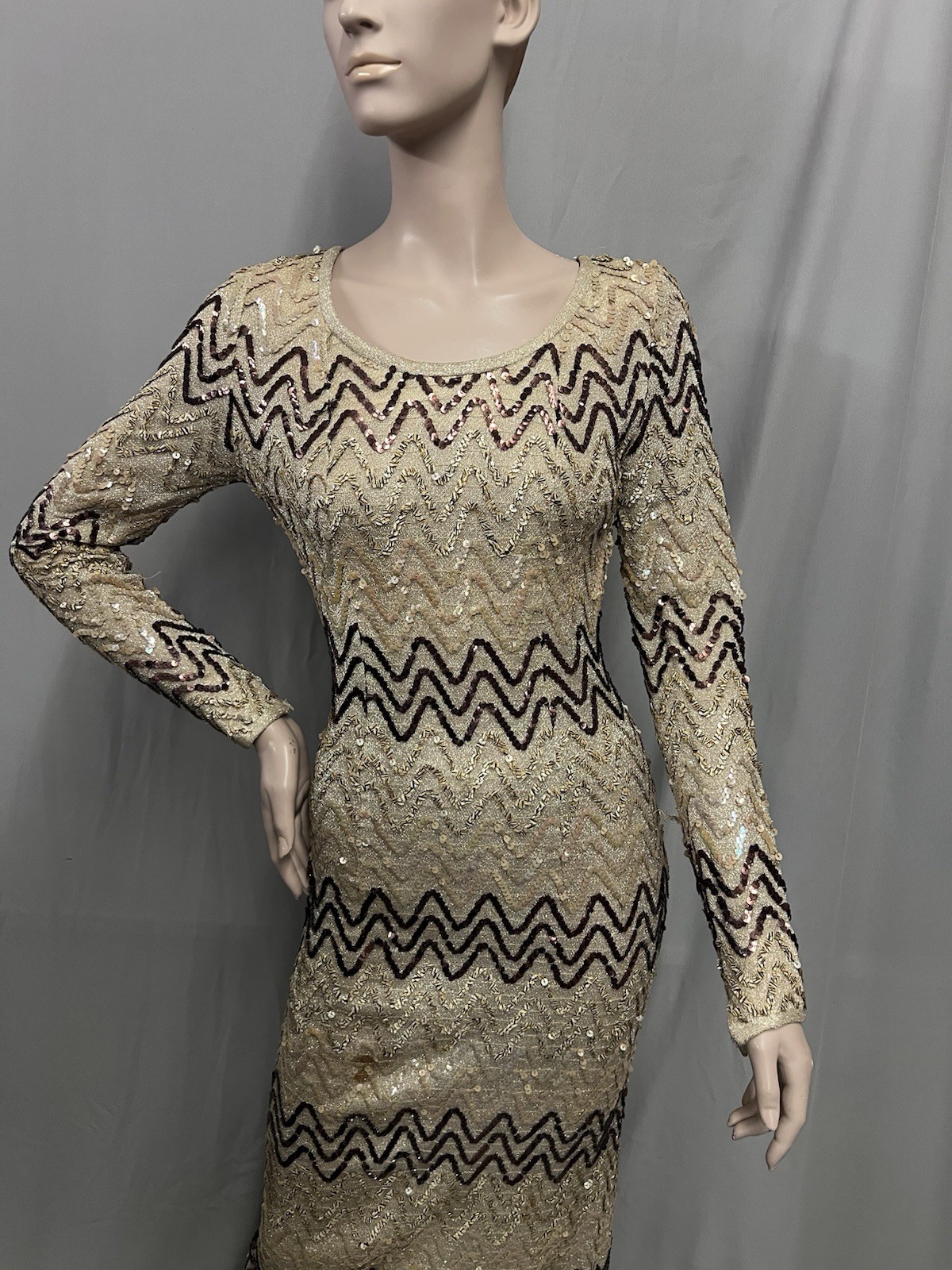 1960’s E Cramer Full Length Sequin Dress In Taupe, Gold & Dark Brown