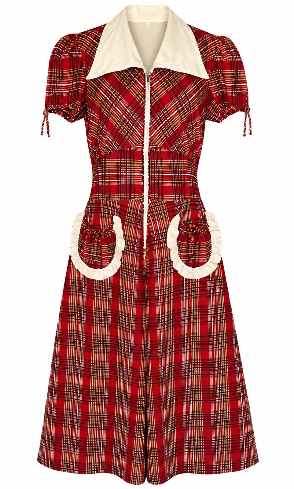 Vintage 1950s Red Plaid Cotton A-line Zipper House Dress Ruffle Pockets Sz M/L
