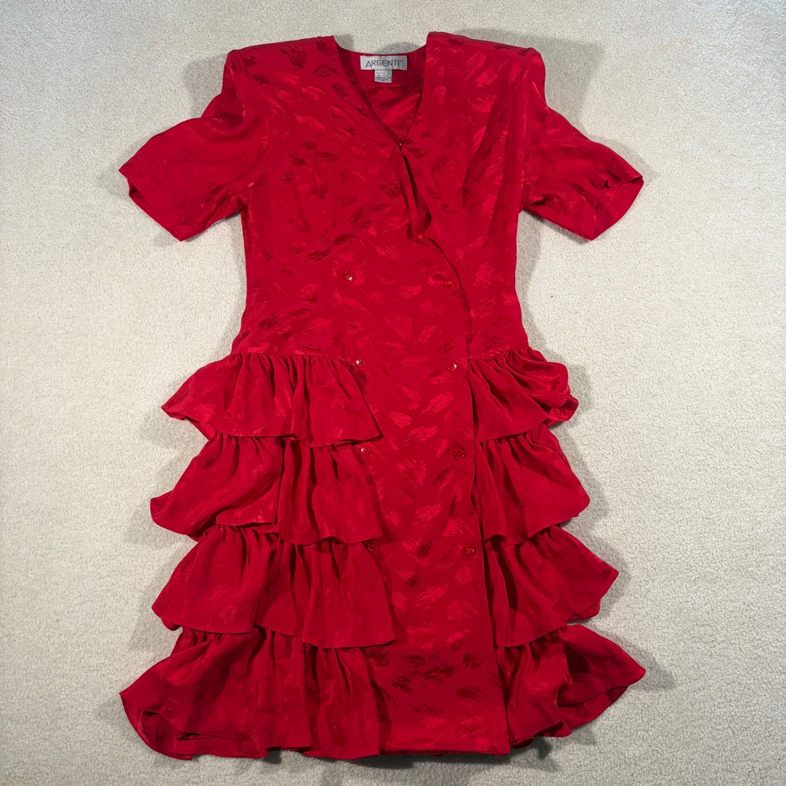Argenti Ruffle Dress Womens 10 Red 100% Silk Handmade 80s Vintage Tiered Party