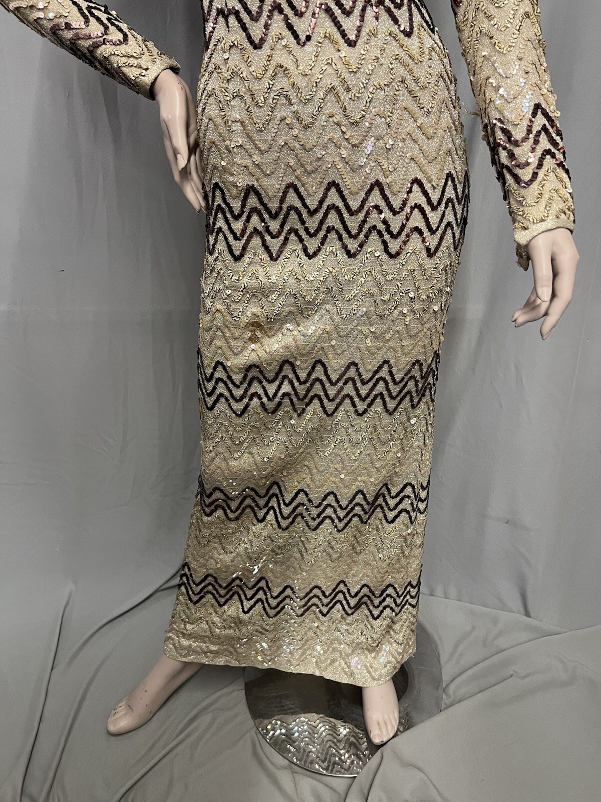 1960’s E Cramer Full Length Sequin Dress In Taupe, Gold & Dark Brown