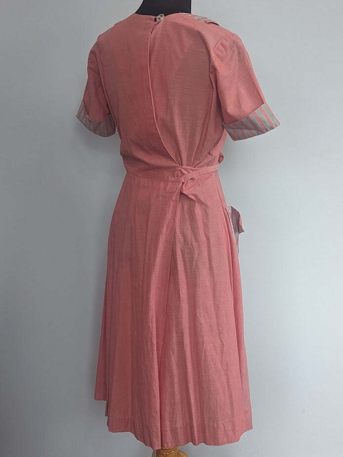Vintage 1950s Pink Wrap Dress Gray Stripe Trim Jay Ann (B-39″ W-26″-30″ H-38″)