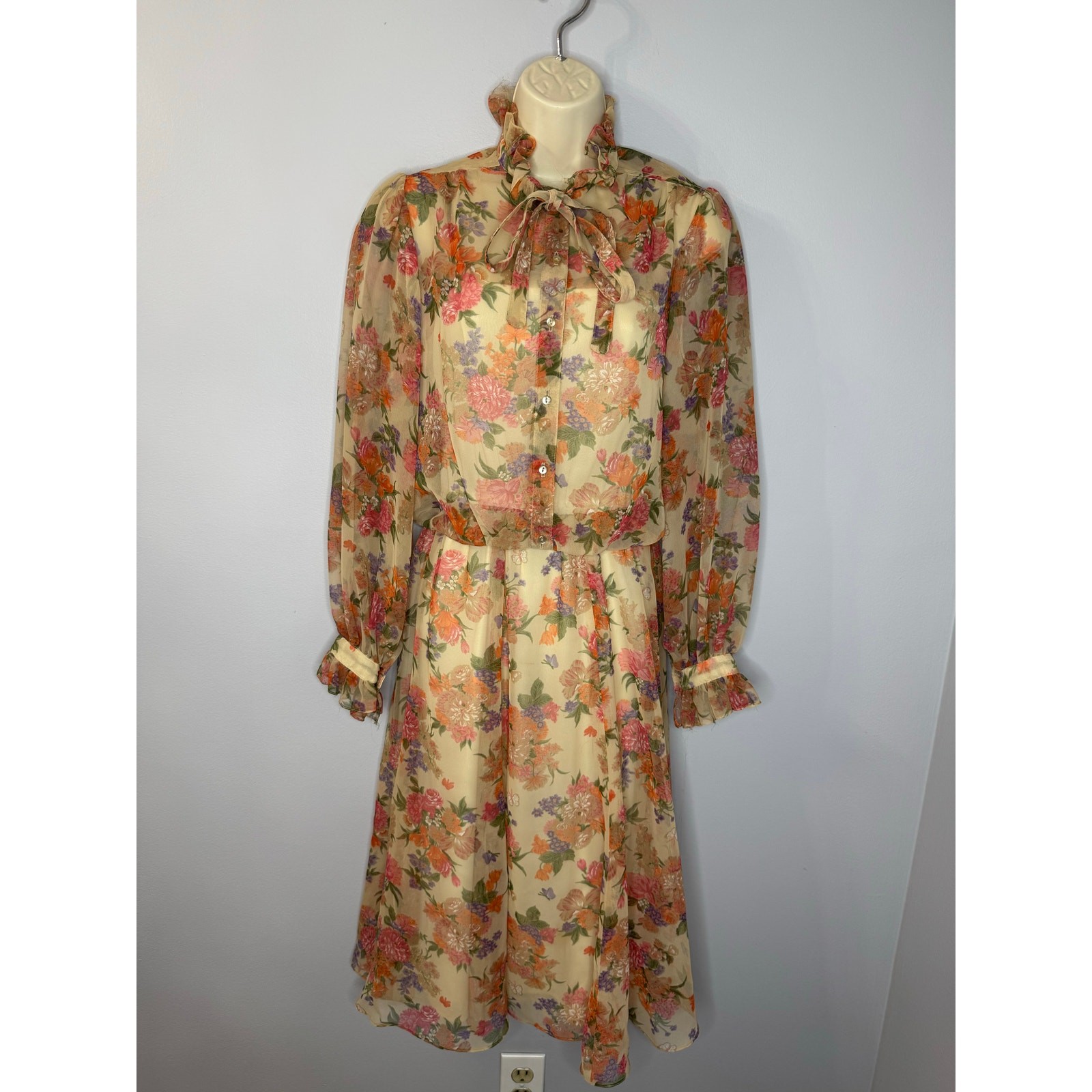 A.J. Bari Vintage 70’s Floral Ruffle Midi Dress Romantic Prairie Cottagecore