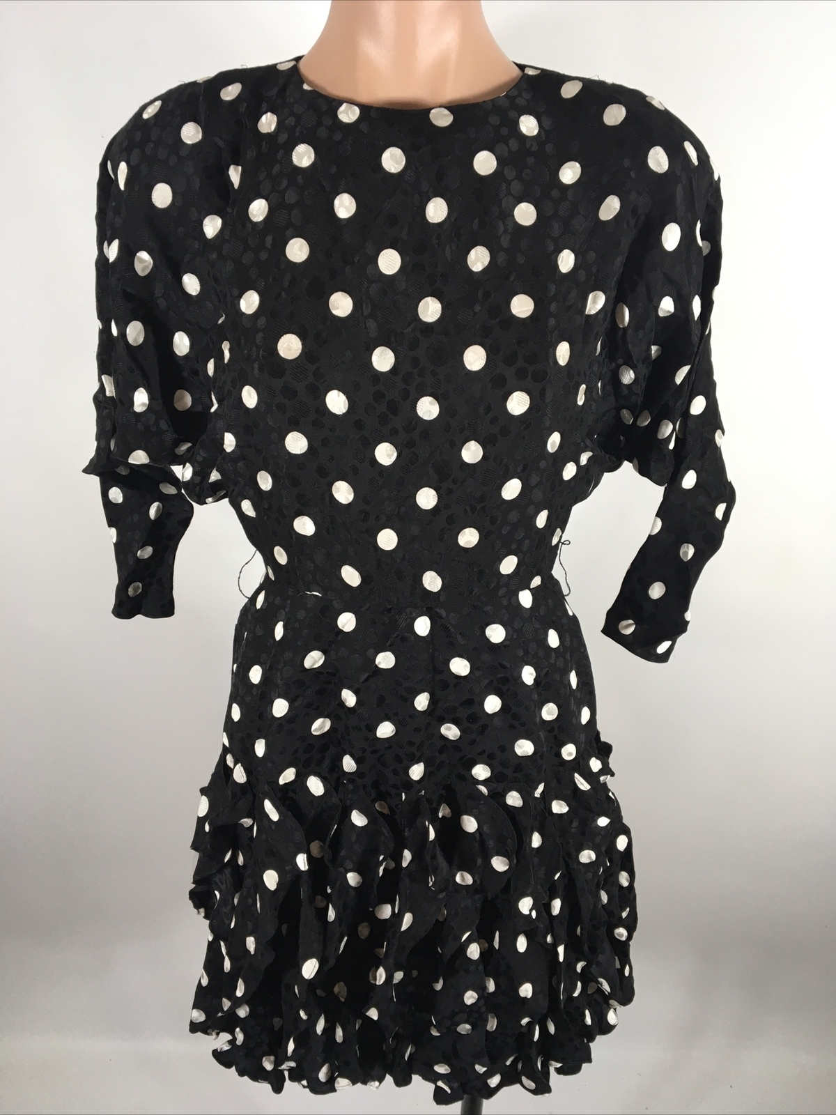 Vtg 80s Gillian Ruffle Blouson Dress Polka Dot Silk Drop Waist Cocktail sz 2