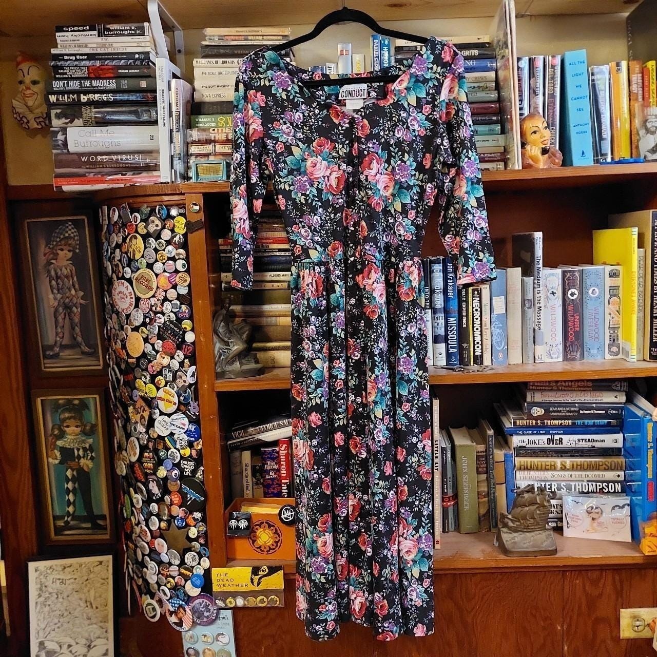 Vintage black, pink, and green floral dress with buttons and scalloped collar